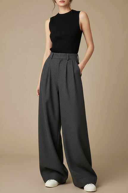 Pantalon Gris Large Plissé Taille Haute Élégant - Laine