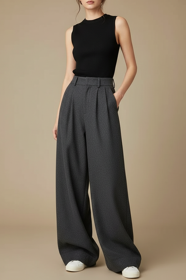 Pantalon Gris Large Plissé Taille Haute Élégant - Laine