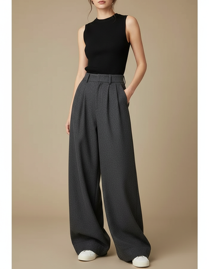 Pantalon Gris Large Plissé Taille Haute Élégant - Laine