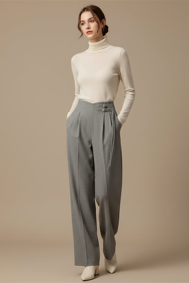 Pantalon Gris Plissé Ample Habillé Élégant Femme - Gabardine