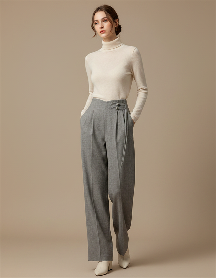 Pantalon Gris Plissé Ample Habillé Élégant Femme - Gabardine