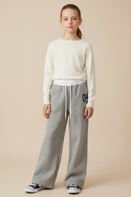 Pantalon Gris Ample Sportif Molletonné Cordon Fille