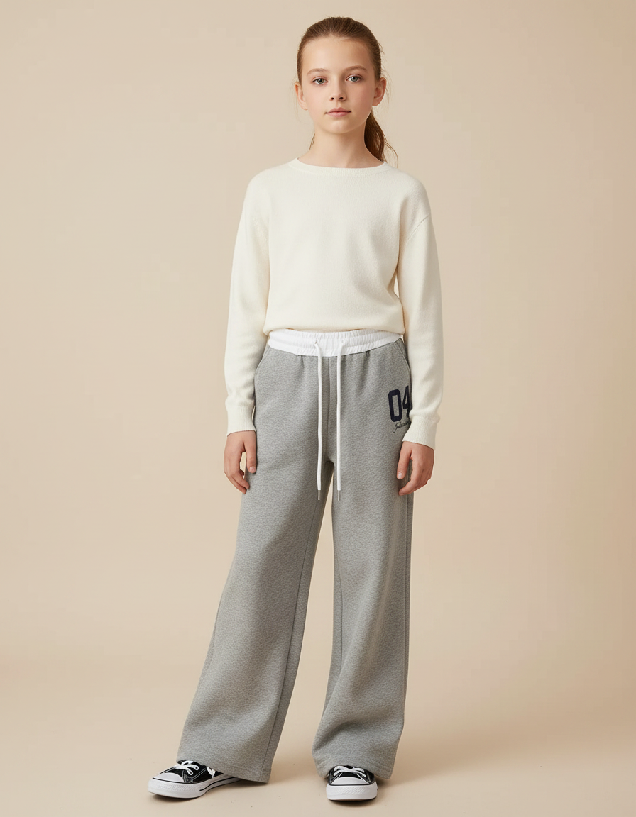 Pantalon Gris Ample Sportif Molletonné Cordon Fille