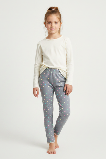 Pantalon Gris À Pois Colorés Dentelle Fille - Molleton