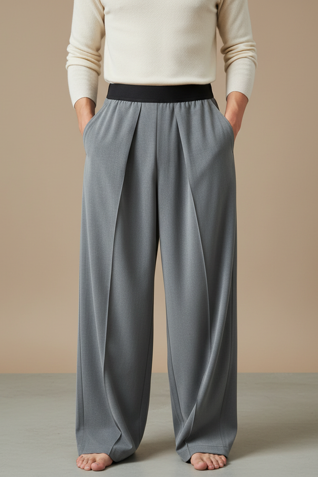 Pantalon Gris Ample Plissé Taille Haute Fluide Décontracté - Viscose