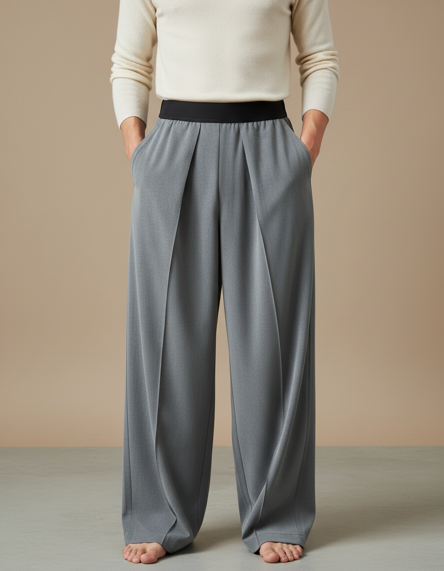 Pantalon Gris Ample Plissé Taille Haute Fluide Décontracté - Viscose