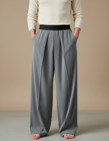 Pantalon Gris Ample Plissé Taille Haute Fluide Décontracté - Viscose
