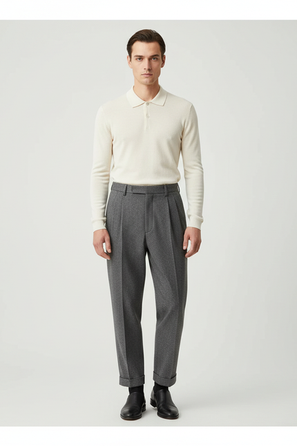 Pantalon Gris Plissé Ample Décontracté Chevron Homme - Tweed
