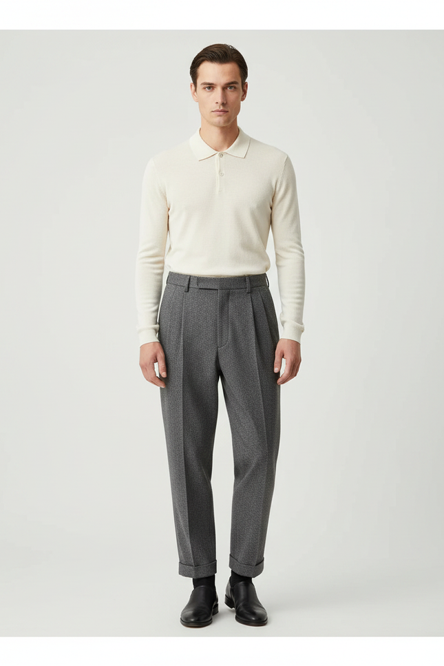 Pantalon Gris Plissé Ample Décontracté Chevron Homme - Tweed