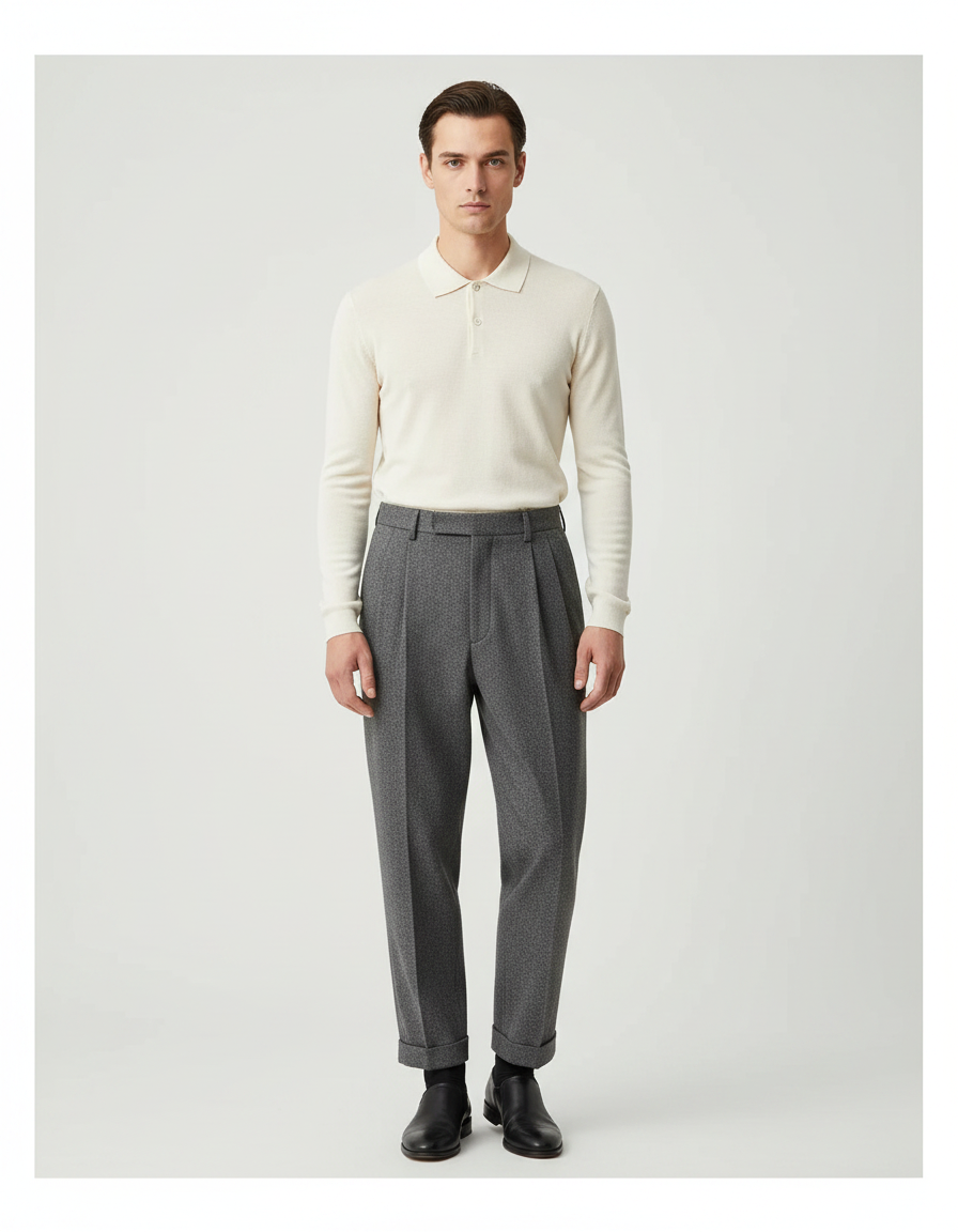 Pantalon Gris Plissé Ample Décontracté Chevron Homme - Tweed