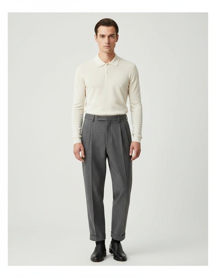 Pantalon Gris Plissé Ample Décontracté Chevron Homme - Tweed