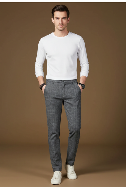 Pantalon Gris Carreaux Droit Décontracté Homme - Laine