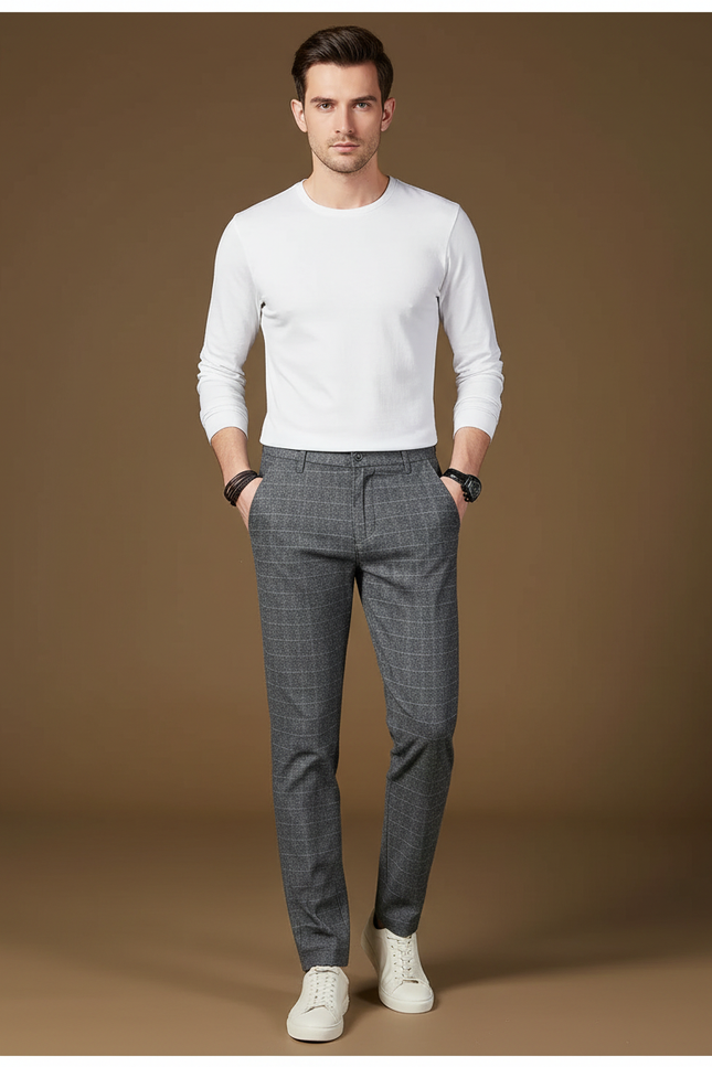 Pantalon Gris Carreaux Droit Décontracté Homme - Laine