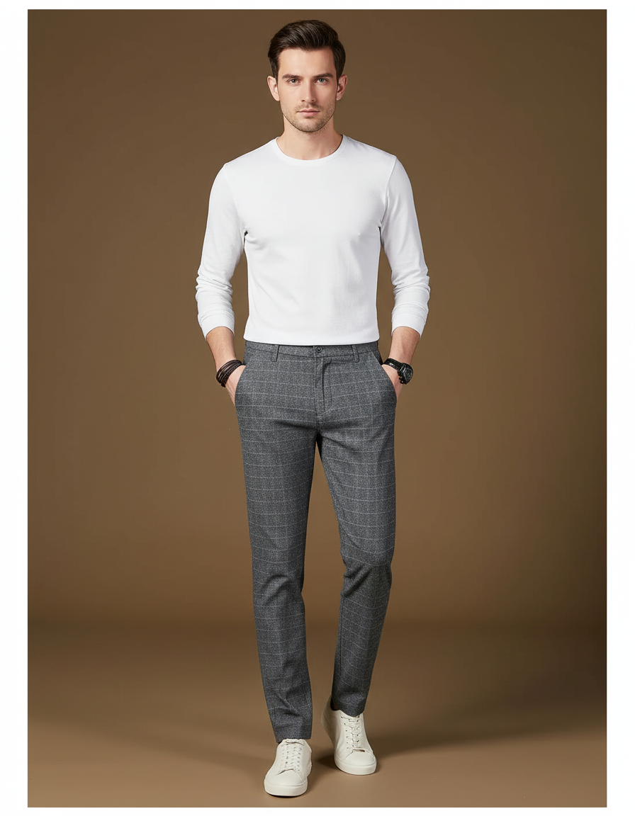 Pantalon Gris Carreaux Droit Décontracté Homme - Laine