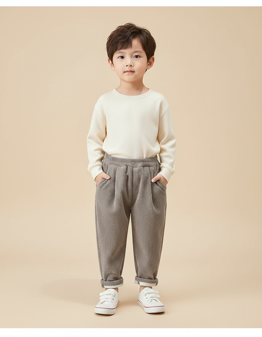 Pantalon Gris Côtelé Hiver Chaud Enfant - Cordé