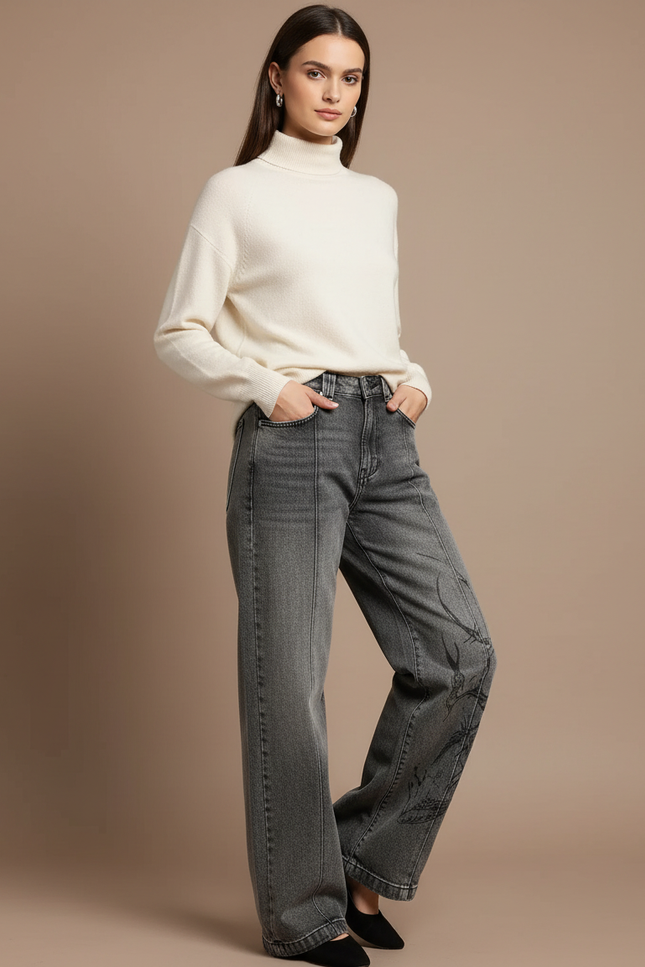 Pantalon Gris Jean Ample Brodé Femme