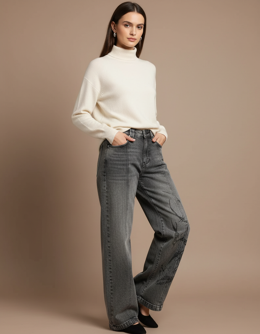 Pantalon Gris Jean Ample Brodé Femme