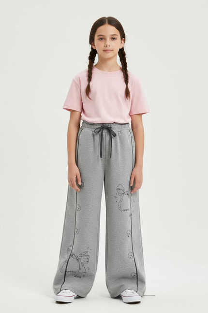 Pantalon Gris Large Coton Imprimé Nœuds Fille - Molleton