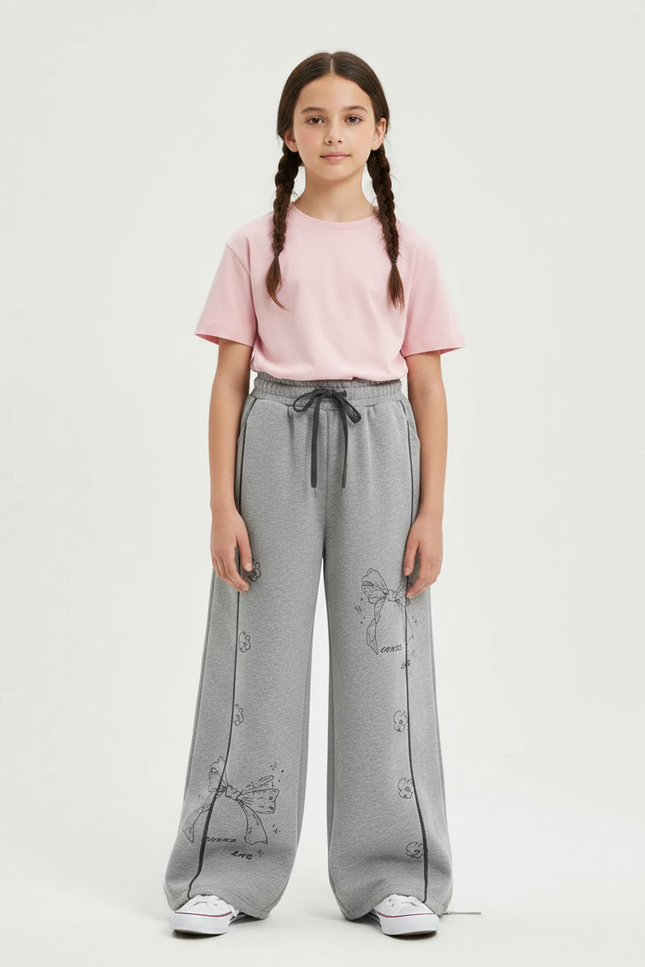 Pantalon Gris Large Coton Imprimé Nœuds Fille - Molleton