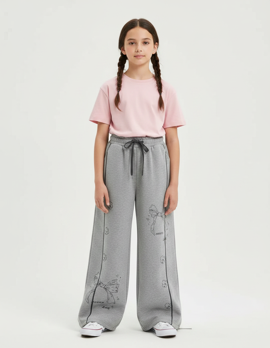 Pantalon Gris Large Coton Imprimé Nœuds Fille - Molleton