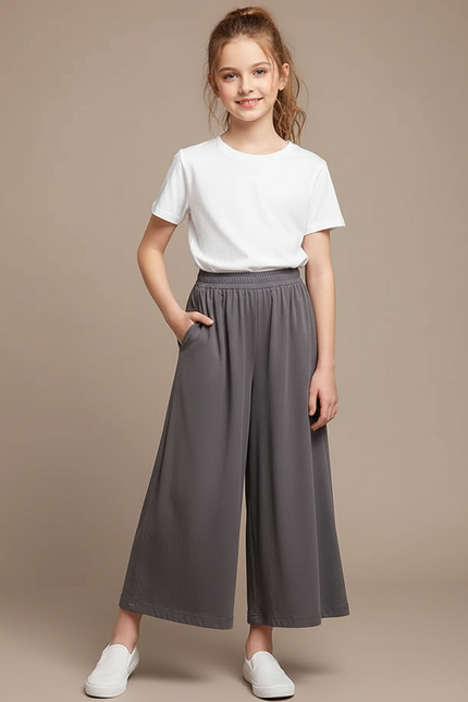 Pantalon Gris Ample Fluide Confortable Fille - Viscose