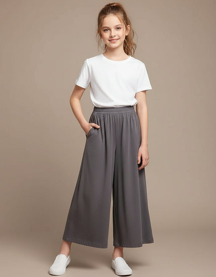 Pantalon Gris Ample Fluide Confortable Fille - Viscose