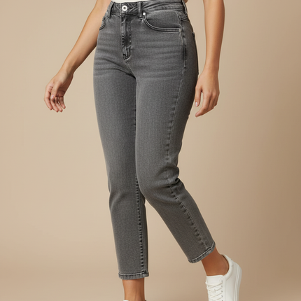 Pantalon Gris Délavé Droit Taille Haute Femme - Jean