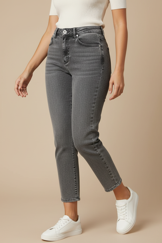 Pantalon Gris Délavé Droit Taille Haute Femme - Jean
