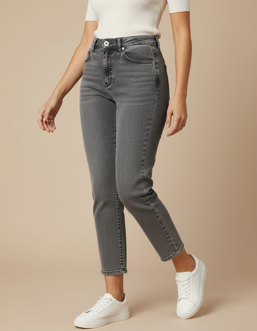 Pantalon Gris Délavé Droit Taille Haute Femme - Jean