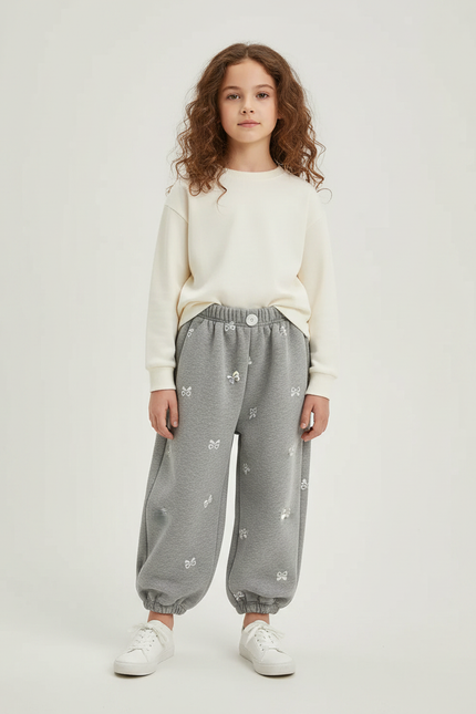 Pantalon Gris Molletonné Ample Nœuds Confortable Enfant