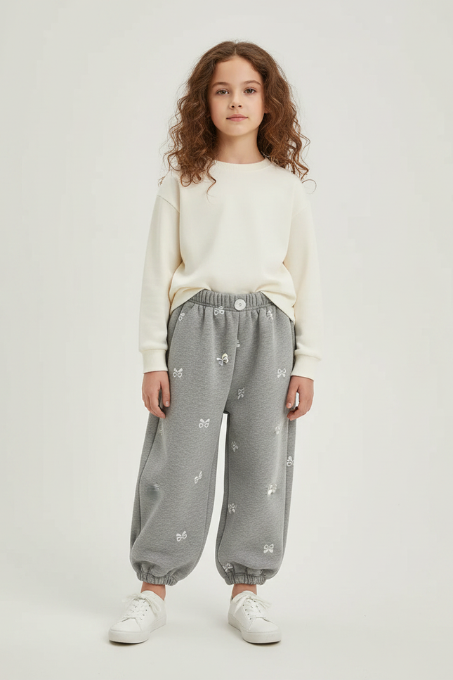 Pantalon Gris Molletonné Ample Nœuds Confortable Enfant