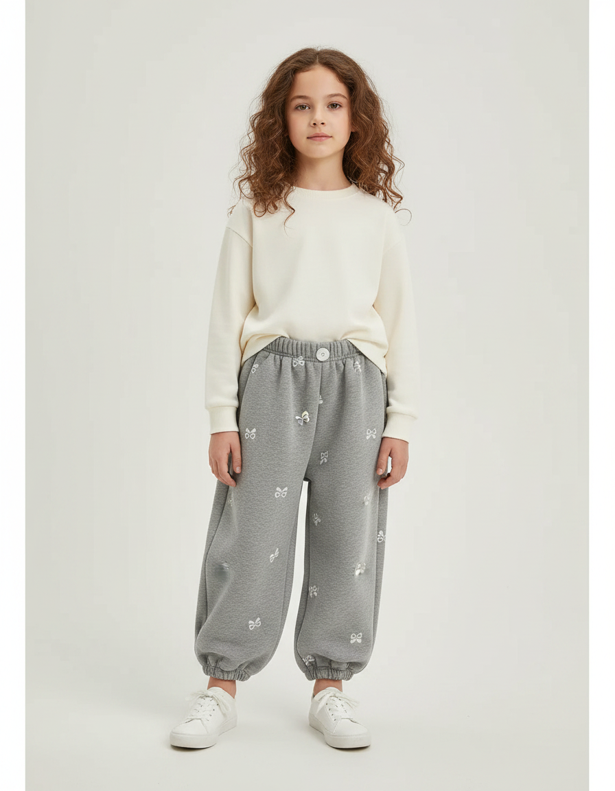 Pantalon Gris Molletonné Ample Nœuds Confortable Enfant