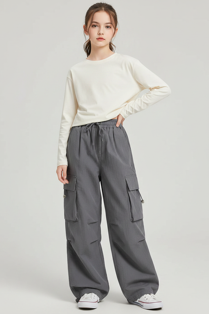 Pantalon Gris Cargo Ample Enfant Décontracté Fille - Polyester