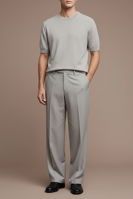 Pantalon Gris Ample Droit Élégant Tissé Homme - Laine