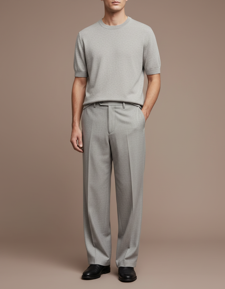 Pantalon Gris Ample Droit Élégant Tissé Homme - Laine