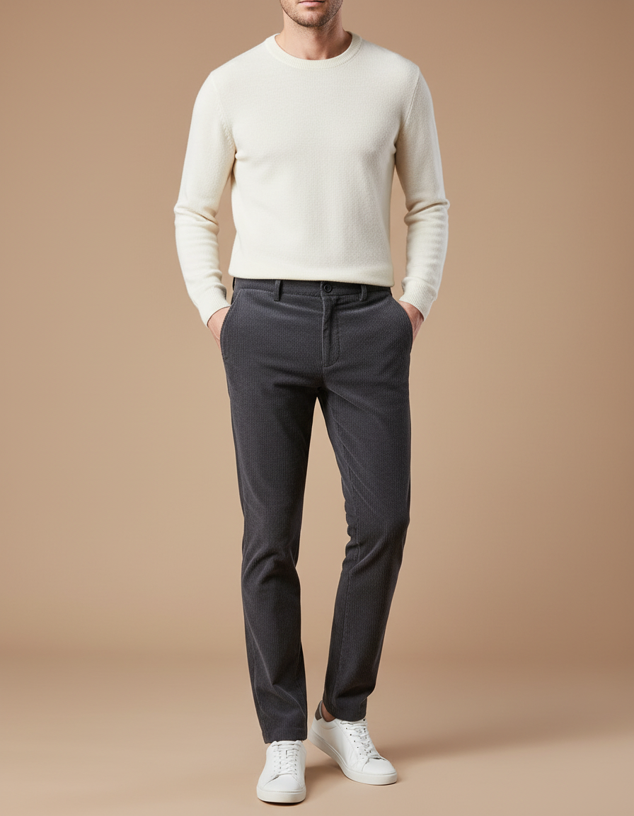 Pantalon Gris Côtelé Homme Slim Fit Hiver Chaud - Cordé