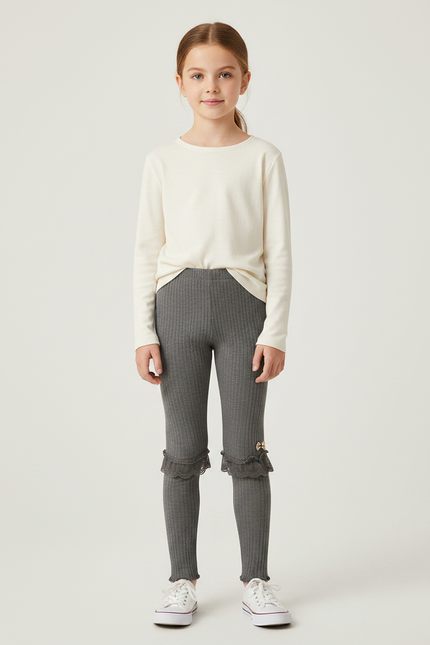 Pantalon Gris Côtelé Fille Dentelle Décoratif - Maille