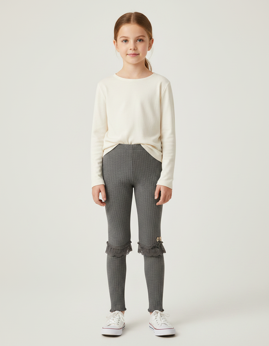Pantalon Gris Côtelé Fille Dentelle Décoratif - Maille