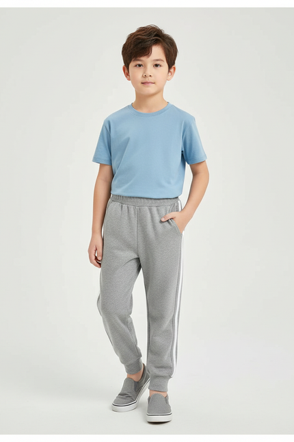 Pantalon Gris Molletonné Sport Enfant Bandes Blanches