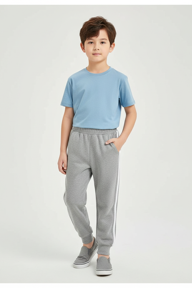 Pantalon Gris Molletonné Sport Enfant Bandes Blanches