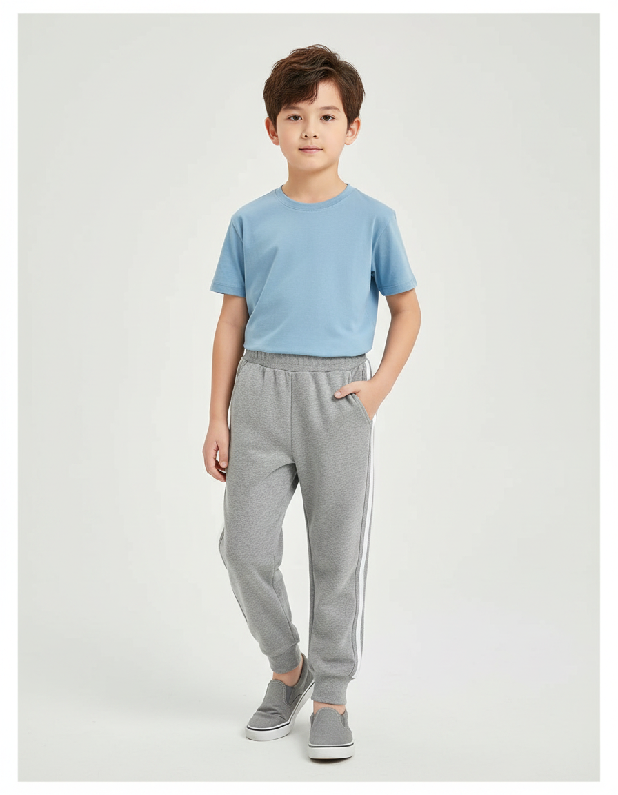Pantalon Gris Molletonné Sport Enfant Bandes Blanches