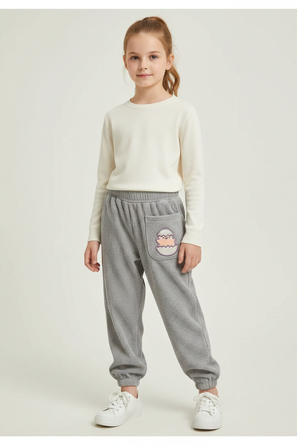 Pantalon Gris Côtelé Confortable Brodé Enfant - Cordé