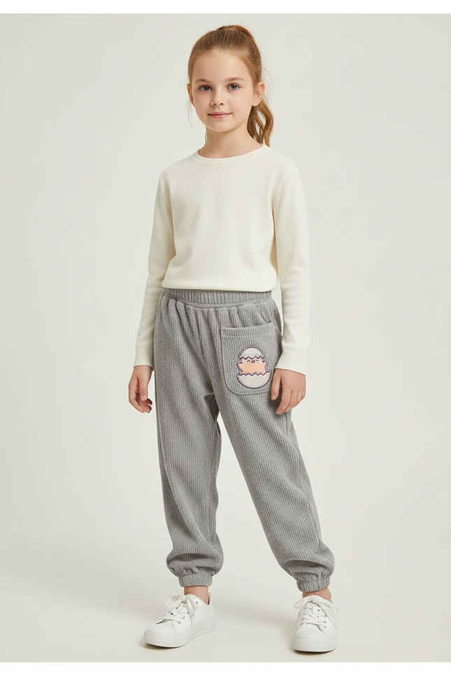 Pantalon Gris Côtelé Confortable Brodé Enfant - Cordé