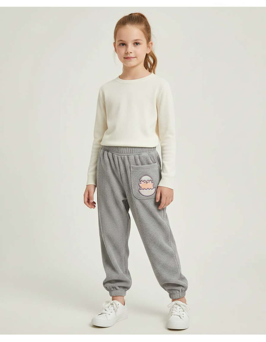 Pantalon Gris Côtelé Confortable Brodé Enfant - Cordé