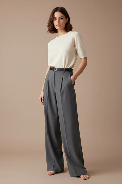Pantalon Gris Droit Ample Plissé Élégant Femme - Gabardine
