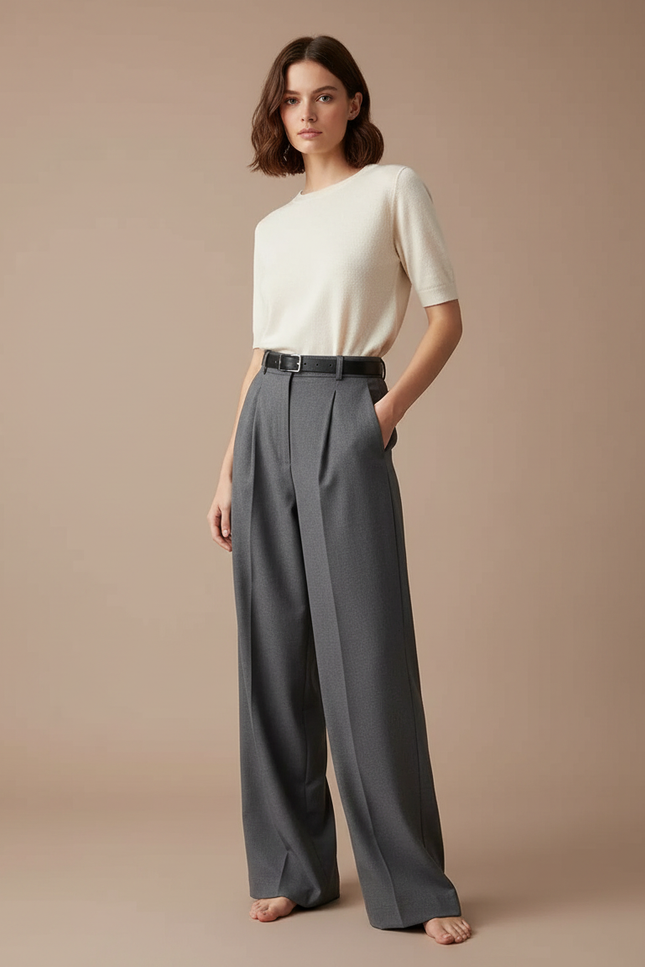 Pantalon Gris Droit Ample Plissé Élégant Femme - Gabardine