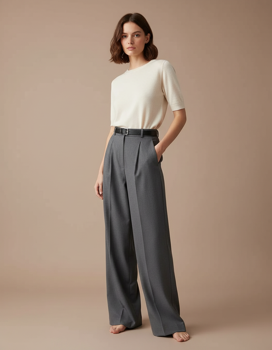 Pantalon Gris Droit Ample Plissé Élégant Femme - Gabardine