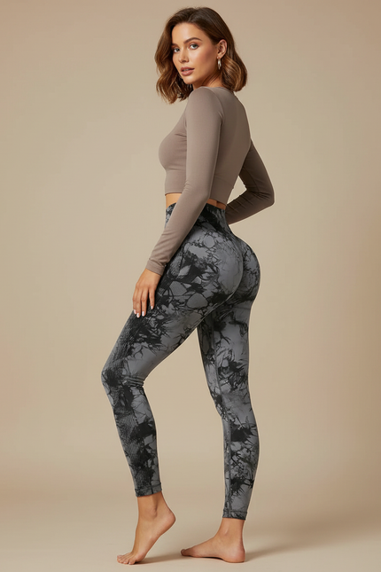 Pantalon Gris Tie-Dye Sans Couture Taille Haute Yoga - Polyester