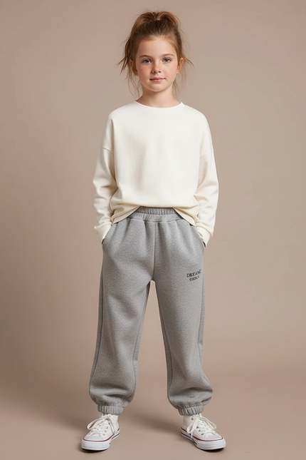 Pantalon Gris Jogging Molletonné Brodé Enfant Décontracté
