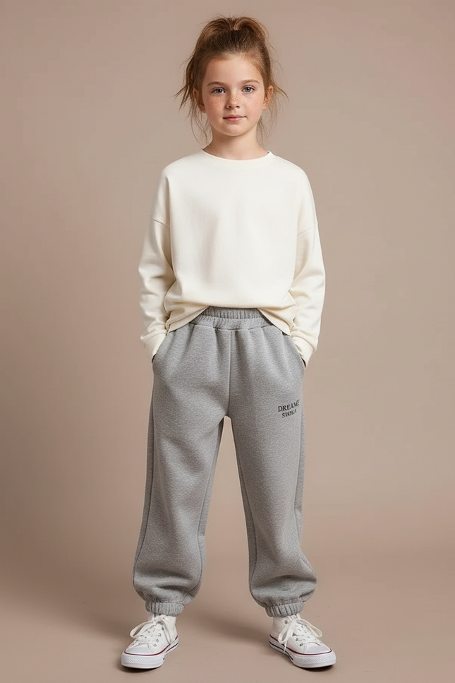 Pantalon Gris Jogging Molletonné Brodé Enfant Décontracté